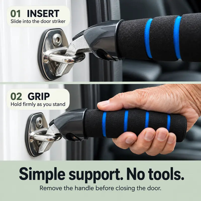 How to use the car exit assist handle: insert into the door striker, grip, and remove before closing the door