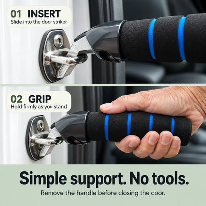 How to use the car exit assist handle: insert into the door striker, grip, and remove before closing the door