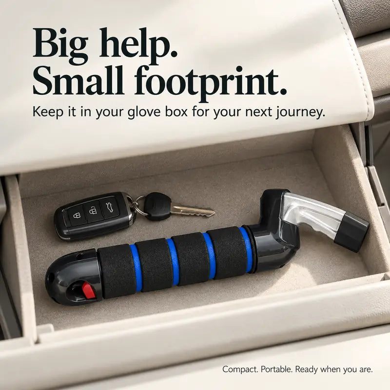Compact car exit assist handle that fits in a glove box or door pocket